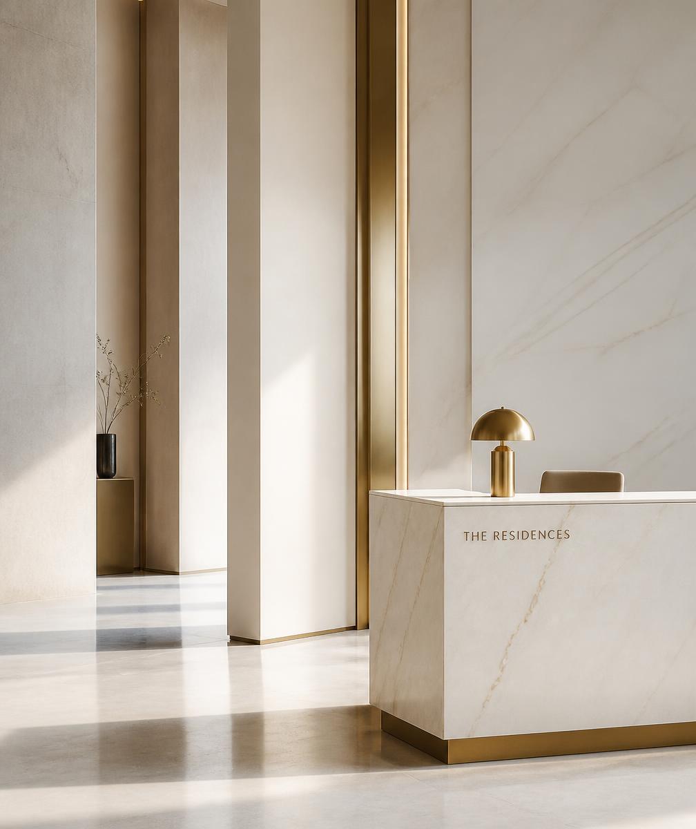 Illustrative image of an ivory marble lobby with gold detailing