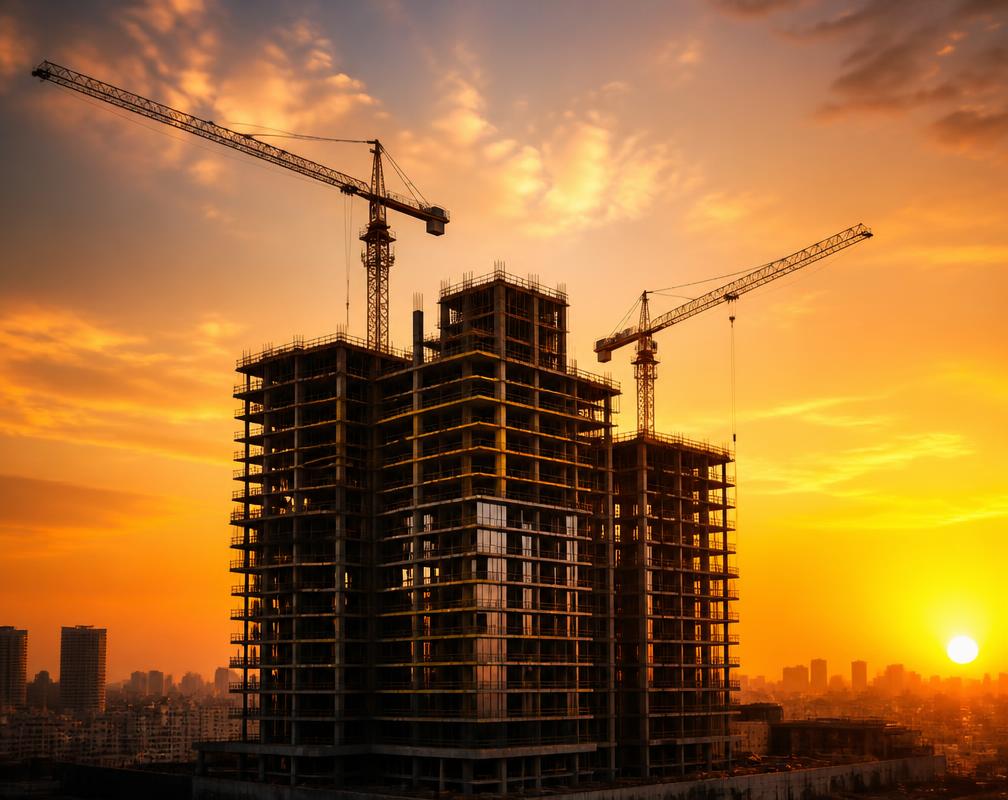 Illustrative image of a tower under construction at sunset